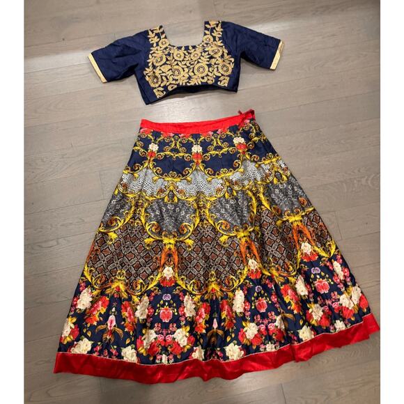 XL Navy & Red Floral Silk Lehenga Choli Indian/ Pakistani/ Bengali 3 Pieces - Picture 3 of 4